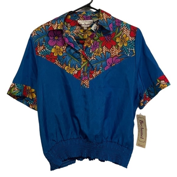 Vintage Blue Floral Cropped Short Sleeve Blouse by Bechamel Petite Size Small - Picture 1 of 3